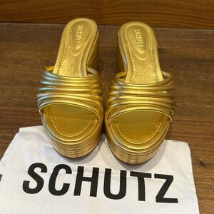 SCHUTZ Metallic Gold Layered Platform Slide Sandals
